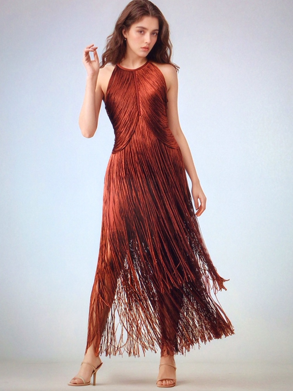 Copper Fringe Halter Maxi Dress - Women's